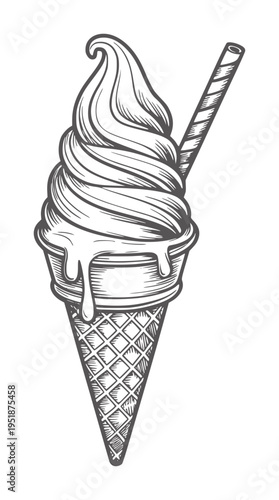 Black and white line of a soft serve ice cream cone with a wafer stick