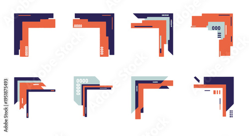 Abstract Geometric Corners Ornaments with Digital Elements in Orange Blue and Gray