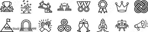 Comprehensive Bold Line Vector Icon Pack for Business Success, Teamwork, Leadership, Goal Achievement, Motivation, and Corporate Milestone Celebrations