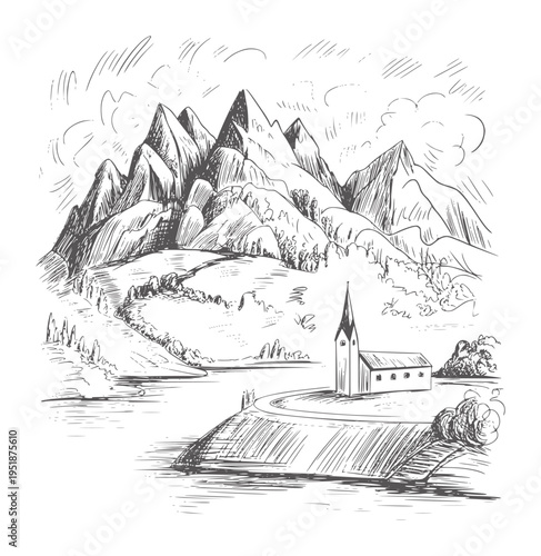 Black and white of a church nestled beside mountains and a lake