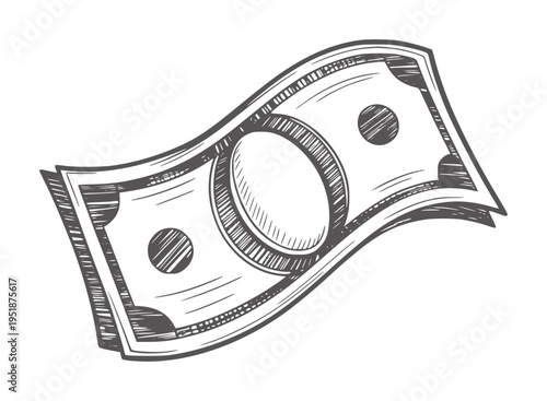 Black and white of a crumpled banknote with circular imprint money currency paper