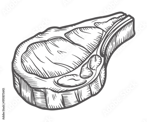 Black and white of a raw bone in steak meat beef food