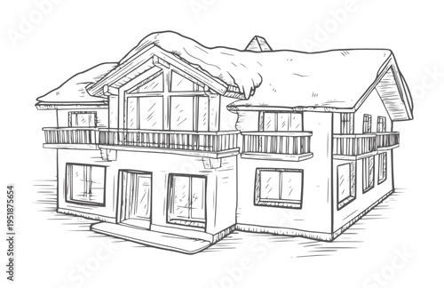 Black and white of a snow covered house with balconies and large windows