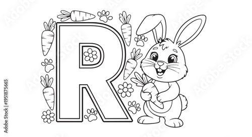 Cartoon rabbit holding a carrot beside the large letter R surrounded by decorative flowers and paw prints, suitable for alphabet coloring activities.