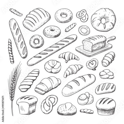 Black and white of assorted baked goods and wheat stalk bread pastry croissant bagel
