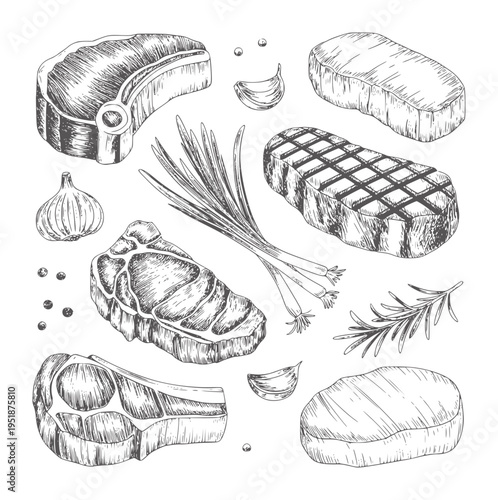 Black and white of various raw and grilled steaks with garlic and herbs meat beef