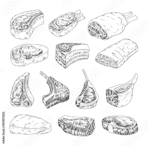 Black and white of various raw meat cuts beef lamb pork steak