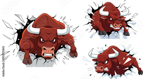 Set of 3 Angry Red Bull Vector Illustrations Breaking Through Wall for Stock Market, Business, and Sports Concepts, Isolated on White Background