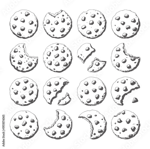 Hand drawn chocolate chip cookies in various states of being eaten food sweet