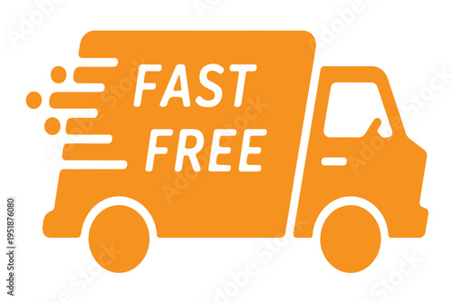 Vibrant orange vector graphic of a delivery truck with the words "fast free" indicating rapid and complimentary shipping service for goods and parcels