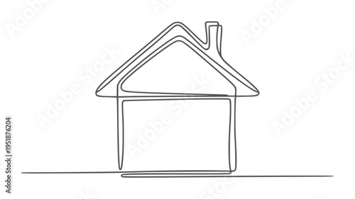 Single line of a simple house with a chimney home building roof