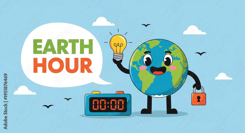Fototapeta premium Earth Hour cartoon globe with lightbulb and timer
