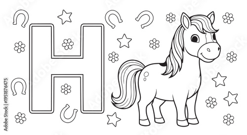 Horse illustration presents a friendly pony standing beside the bold letter H surrounded by scattered stars and horseshoes for early childhood education materials.