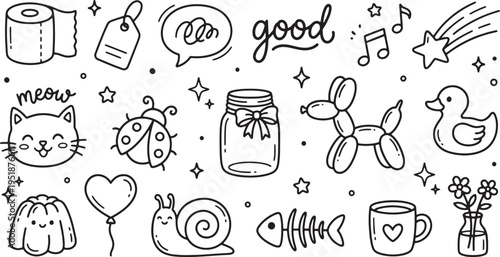 Whimsical hand drawn doodle collection featuring charming cartoon icons like a cute cat with 'meow' text a ladybug a toilet paper roll a gift tag a jar with a bow a balloon animal