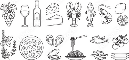 Collection of gourmet food and drink ingredients for italian cooking including pasta cheese wine herbs and spices on a white background perfect for culinary themes