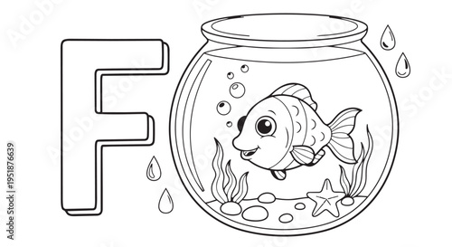 Fish illustration features the large letter F next to a goldfish in a round glass bowl with underwater plants and bubbles for an educational coloring page design.