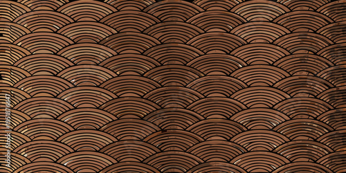 A repetitive pattern of curved overlapping wooden shapes in warm tones