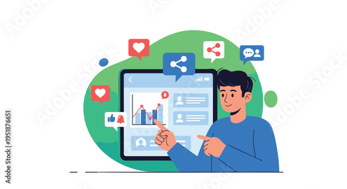 Vector illustration of man interacting with social media on laptop