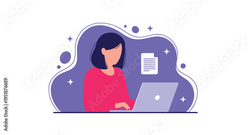 Vector illustration of woman working on laptop with document