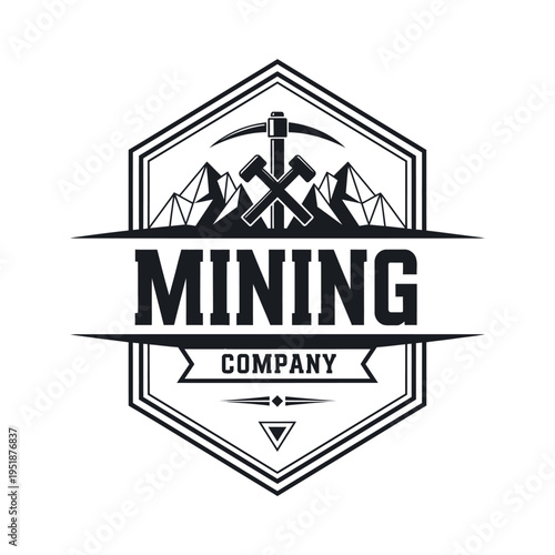 Mining Company Logo Design with Pickaxe and Mountains Emblem.