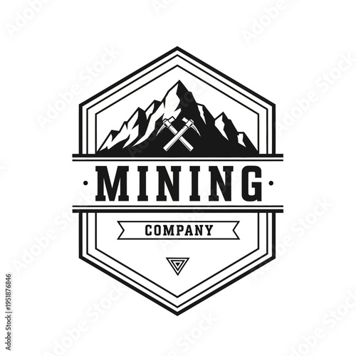 Mining Company Logo with Mountains and Crossed Picks in Hexagonal Frame.