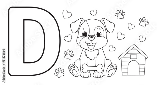 A happy puppy holding a bone sits next to the capital letter D, surrounded by hearts and paw prints, next to a small doghouse illustration for an alphabet activity.