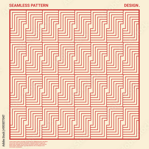 Minimalist seamless geometric pattern featuring interlocking red steps and zigzag lines vector illustration