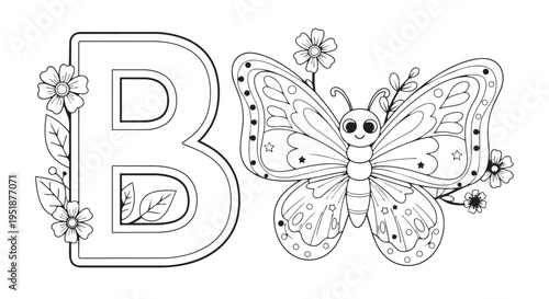The large capital letter B is displayed next to a cheerful butterfly illustration adorned with small flowers and decorative dots for children's learning materials.