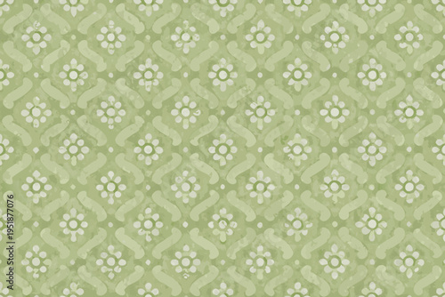 Pale green floral pattern with repeating quatrefoil and blossom motifs