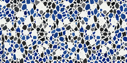 Abstract pattern of irregular blue gray and black shapes on white