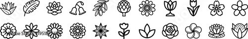 Beautiful Botanical and Floral Bold Line Vector Icons Pack Featuring Spring Flowers, Leaves, Blossoms, Blooming Plants, and Nature Elements for Design
