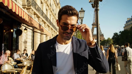 Young man exploring Paris with Eiffel Tower in background