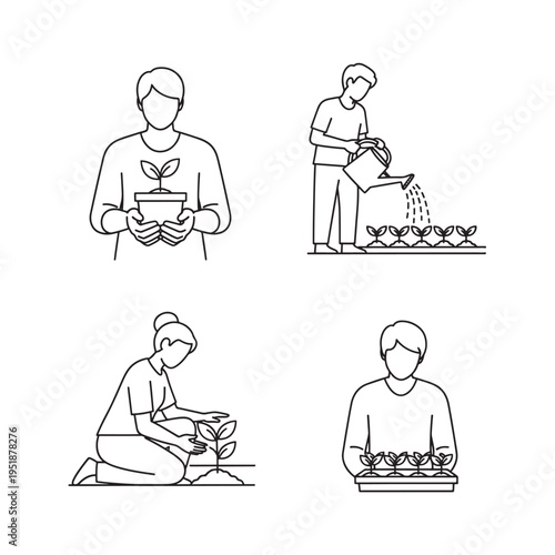 Line art illustrations depicting various stages of gardening and plant care, including planting, watering, and nurturing seedlings.
