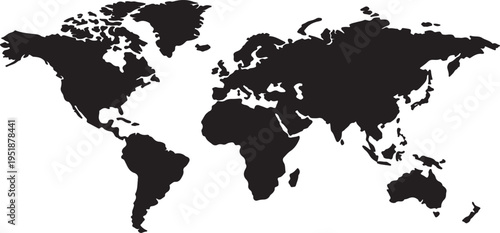 A minimalist black silhouette of the world map isolated on a clean and simple white background