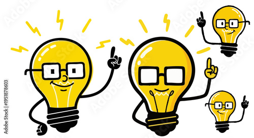 Set of Four Happy Cartoon Light Bulb Characters with Glasses and Pointing Fingers, Representing Ideas, Innovation, and Creativity Vector Illustration