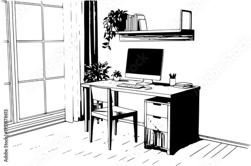 Minimalist Sustainable Home Office Interior with Natural Morning Light, Eco-Friendly Wooden Furniture and Green Plants for Wellness Concept 