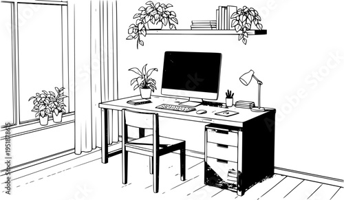 Minimalist Sustainable Home Office Interior with Natural Morning Light, Eco-Friendly Wooden Furniture and Green Plants for Wellness Concept 