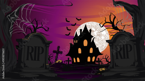 Spooky Halloween night illustration with haunted house graveyard tombstones full moon bats and twisted trees Horror cartoon landscape background for Halloween party poster greeting card banner or holi