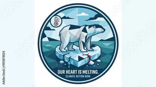 Vector illustration of polar bear on melting ice, climate change concept