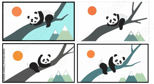 Cute Panda Bear Sleeping on Tree Branch Illustration Set Vector with Mountains and Sun, Ideal for Children's Books, Nature Themes, and Wildlife Designs