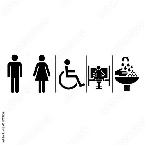 Restroom signs with symbols for man, woman, wheelchair user, baby changing station, and sink included