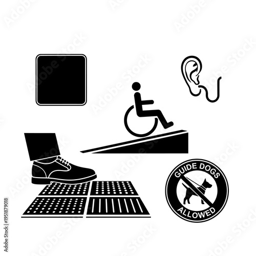 Accessibility signs and symbols for disabled people and guide dogs are shown