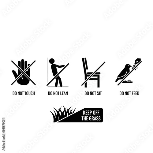 Warning signs prohibit touching, leaning, sitting, feeding birds near protected grass areas.