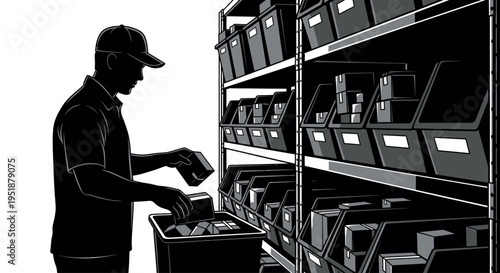  Warehouse worker picking orders from storage bins illustration.