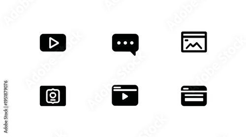 Modern flat black UI UX icons set for web design, digital media player, online chat, video content, and user interface elements.