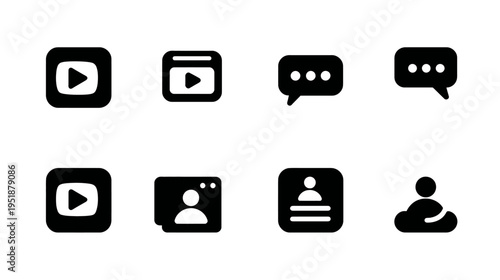 Modern black user interface icons set for social media, video, chat communication, and user profiles. Minimalist UI/UX design elements.