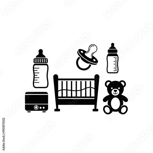Baby nursery essentials like bottles, pacifier, and teddy bear are laid out with a crib and monitor