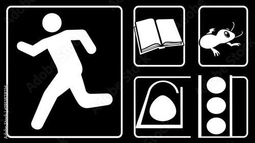 Universal Icons Collection: Safety Exit, Open Book, Lab Mouse, Science Beaker, Traffic Light. Modern Pictograms for Education, Research & Guidance.