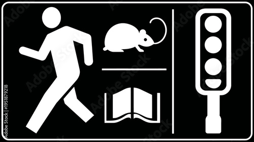 Black and white vector icons: running person, rodent, open book, and traffic light symbols. Diverse pictogram set for design.
