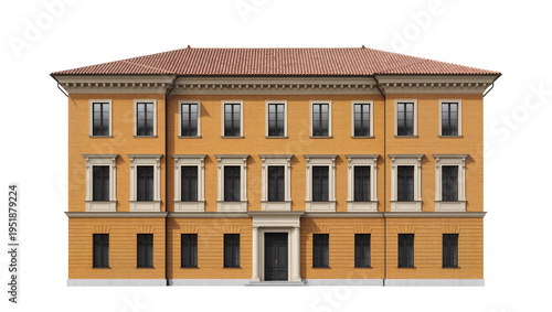 Classical orange brick building with red tiled roof and ornate windows, a grand architectural structure isolated PNG on transparent background